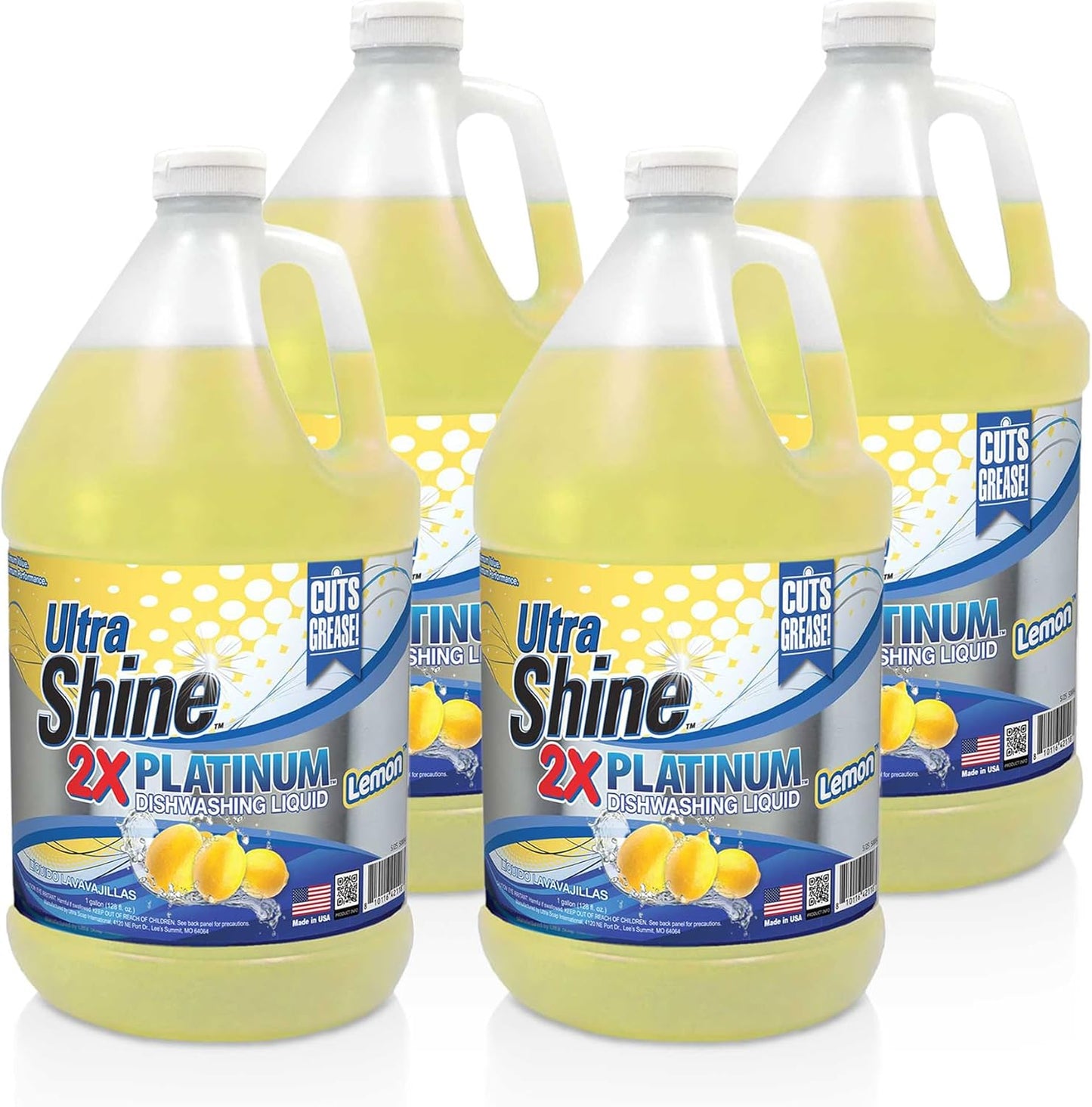Ultra Shine™ 4 Pack 2X Platinum™ Dish Cleaning Liquid, Lemon Scent, 1 Gallon, Yellow - Powerful Grease Remover Dishwashing Soap