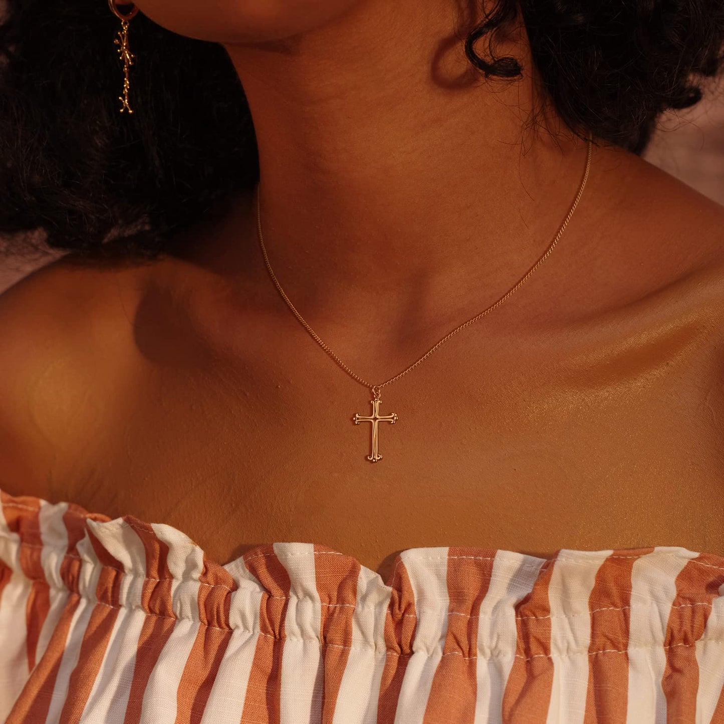 14K Gold Plated Cross Necklace, Cross Faith Lace Pendant Dainty Chain Simple Tiny Jewelry Gift for Women