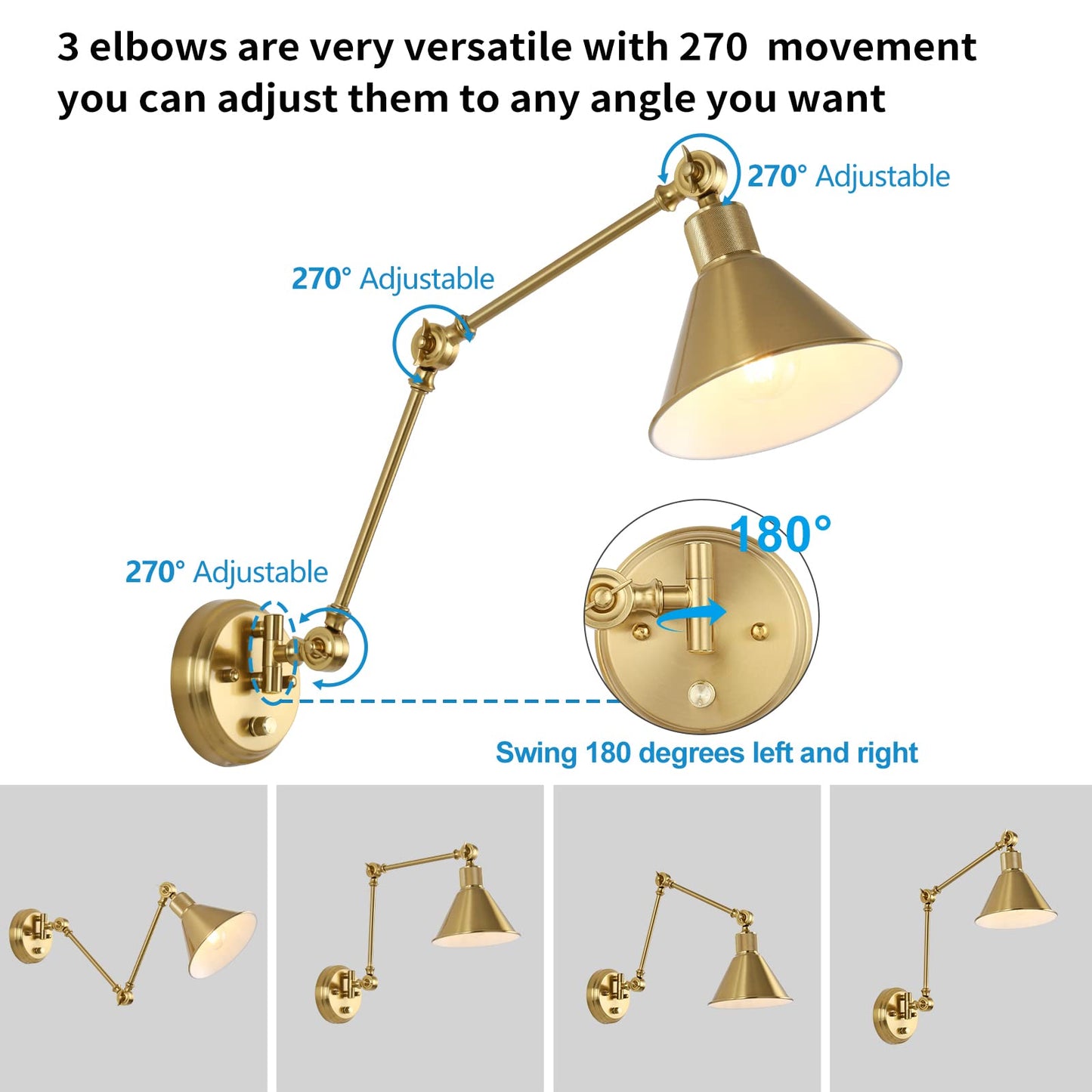 TRLIFE Wall Sconce, Brushed Brass, Dimmable, Swing Arm, E26 Base, Plug-in, 1 Pack