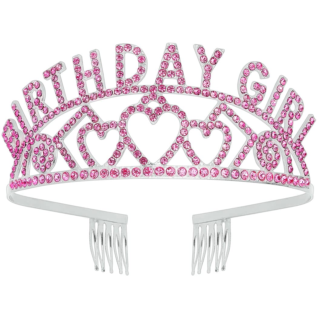 AOPRIE Pink Silver Birthday Crowns for Women Tiaras for Women Crowns for Girls Rhinestone Crystal Decor Headband
