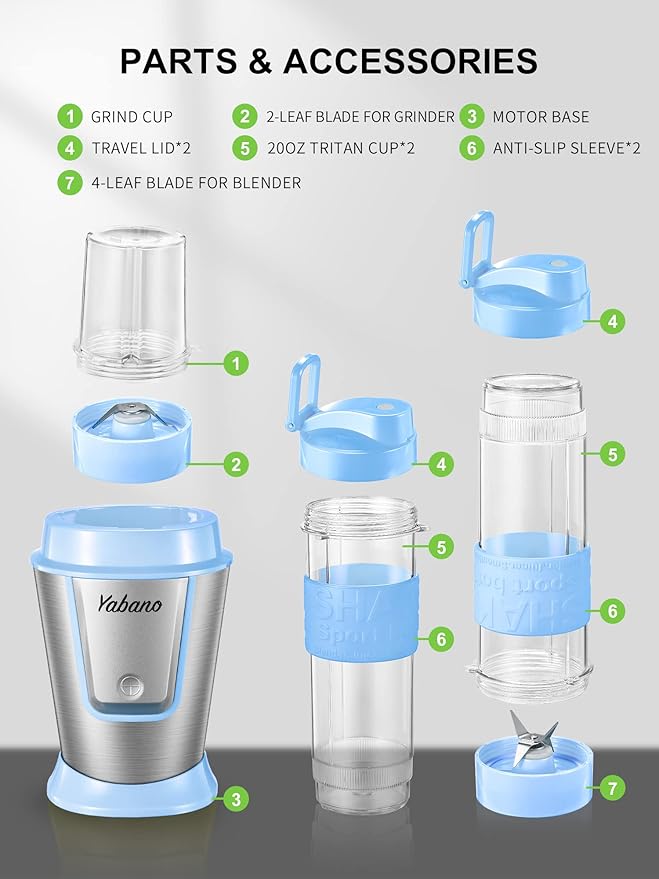 Personal Blender, Electric Shake Bottle with 2 x 20oz Travel Bottle and Coffee/Spices Jar, Portable Shaker Cups for Protein Shakes, 500W Single Serve Blender for Shakes and Smoothies, Sports(Blue)