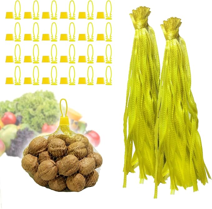 Limso 100 PCS Seafood Boiling Bags, 24 Inch Seafood Bag Onion Bag Mesh Nylon Netting, Reusable Mesh Produce Bags, With 100 Pcs Loop-Style Closures (Yellow)