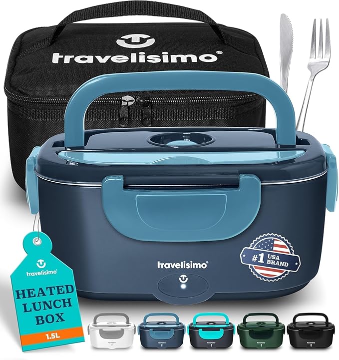 TRAVELISIMO Electric Lunch Box for Adults 80W Heated Lunch Box For Men 1.5L Stainless Steel Portable Food Warmer, 12/24/110V Electric Food Warmers for Travel & Work, Loncheras Para Hombres de Trabajo