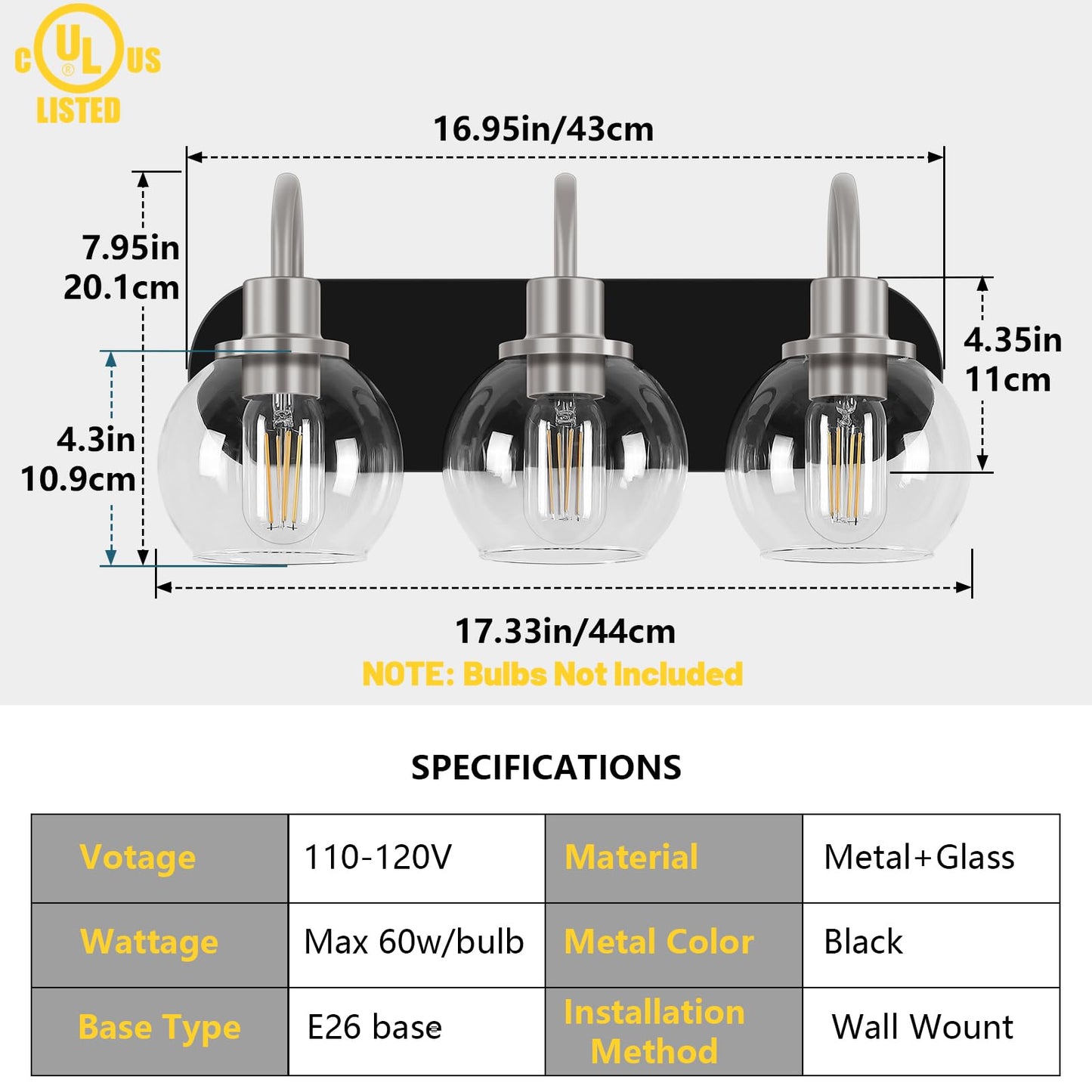 Dpyrrhic 3-Light Bathroom Vanity Light Fixture, Metal In Matte Black & Brushed Nickel, Modern Design With Clear Glass Shade
