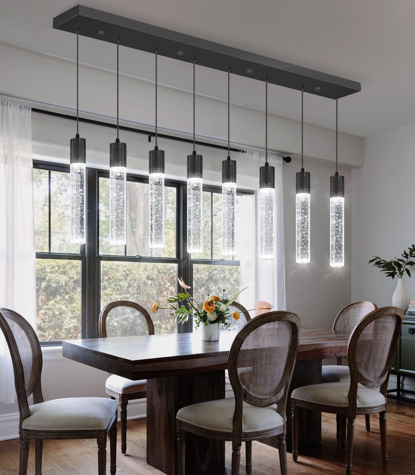 Dolria 8-Lights Modern Crystal Chandeliers For Kitchen Island Pendants Lighting Fixture For Dining Room Led Ceiling Light For Hallway Foyer 6000K Black