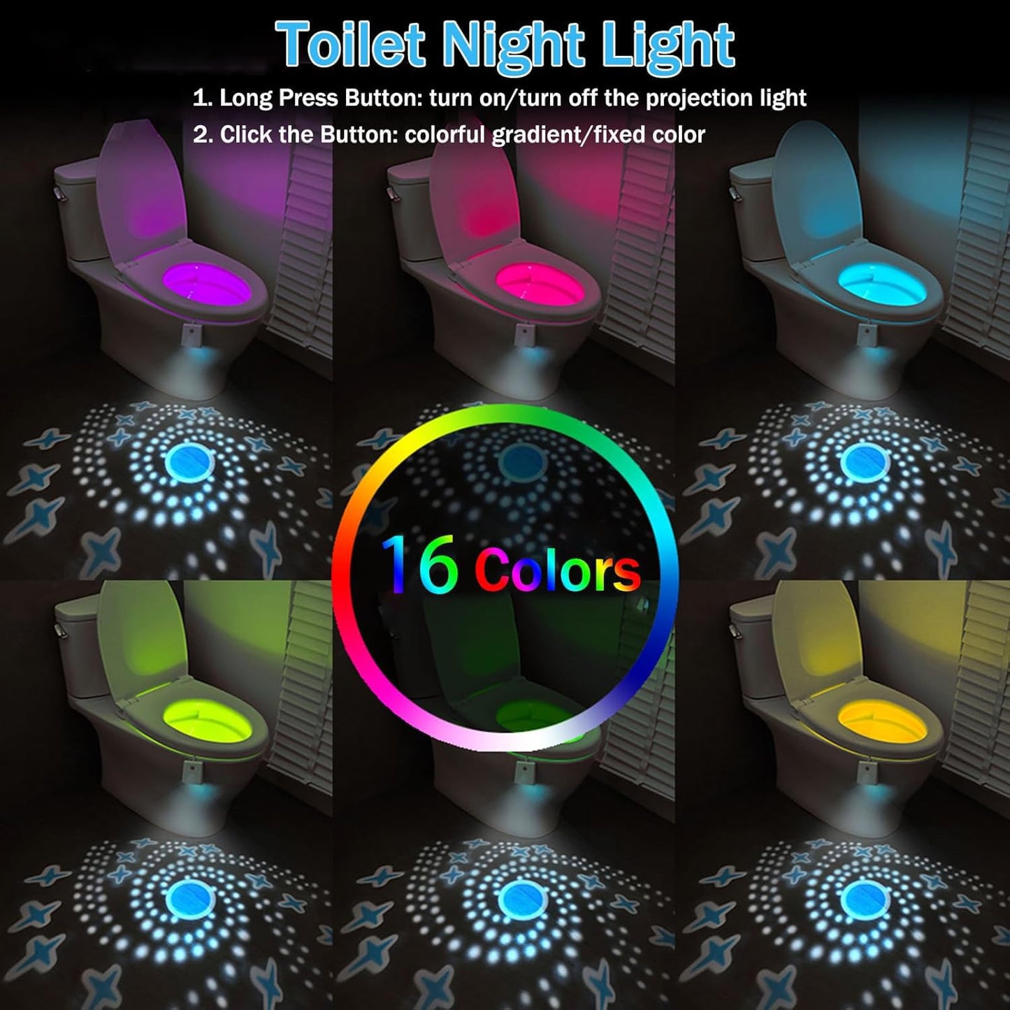 Toilet Light Motion Sensor  16 Colors Changing Rechargable Led Night Light With Star Projection Light  Toilet Bowl Night Light For Bathroom  Funny Gift For Family And Friends (1)