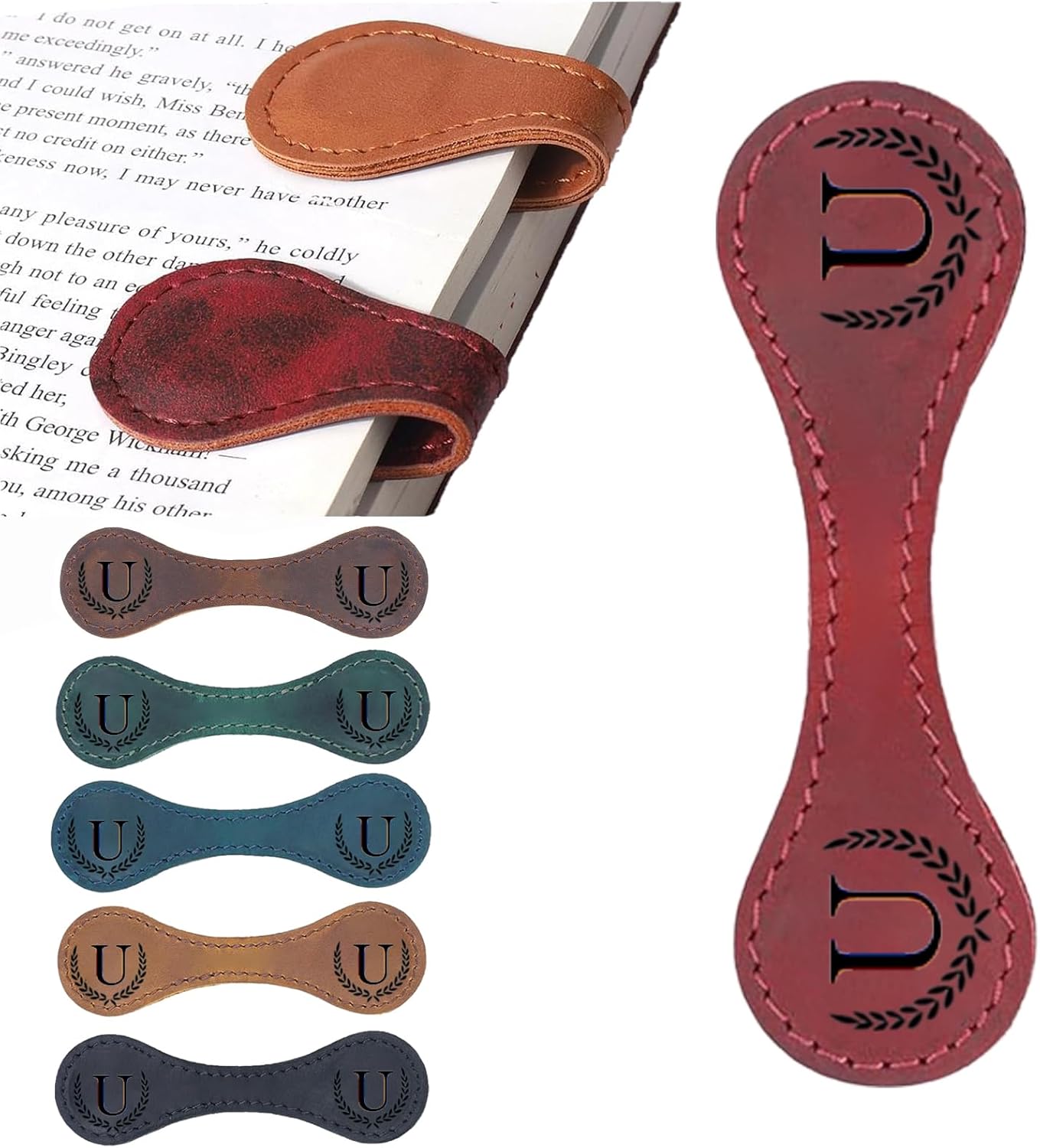 Personalized Magnetic Leather Bookmark, 26 Letters Custom Leather Bookmarks, Handmade, Leather Magnetic Bookmark for Book Lovers Readers Women Kid(Red，U）