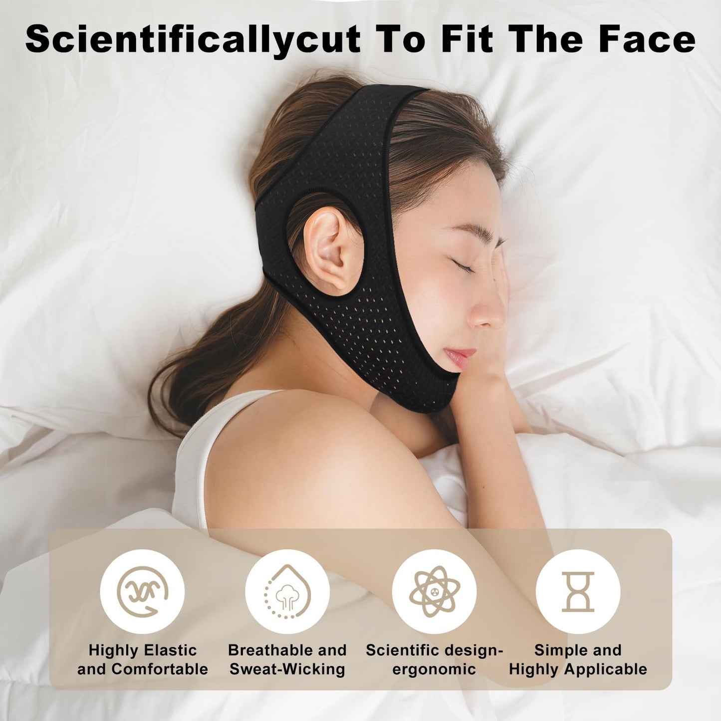 Sleep Apnea Devices - Chin Strap for Sleeping, Airflow Jaw Strap, Effective Anti Snoring Solution for Men and Women, Anti Snore Devices Breathable and Reusable (Black & 52CM & 1PCS）