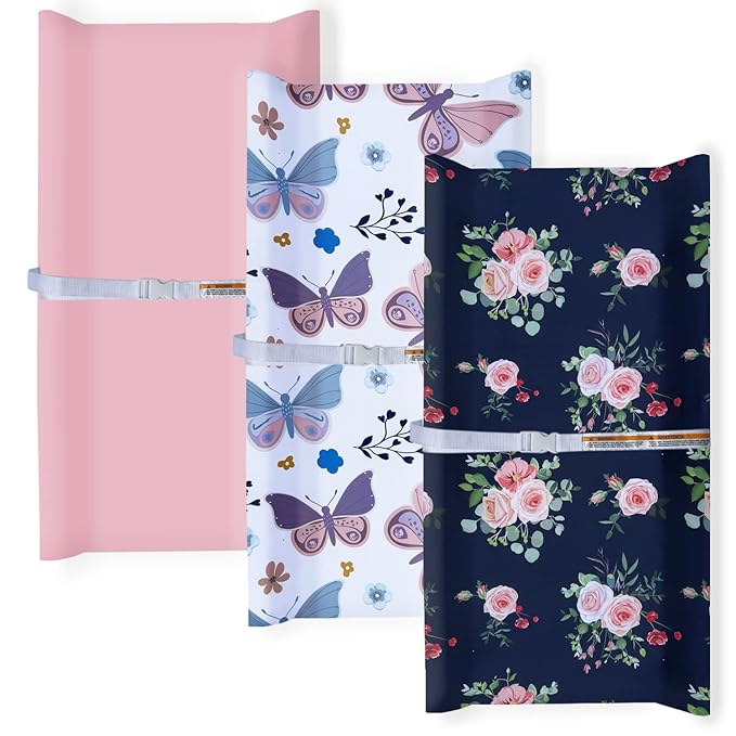 AMROSE 3 Pack Easy Care Changing Pad Covers, Ultra Soft Microfiber Diaper Change Table Sheets for Baby Girls, Floral & Butterfly & Pink