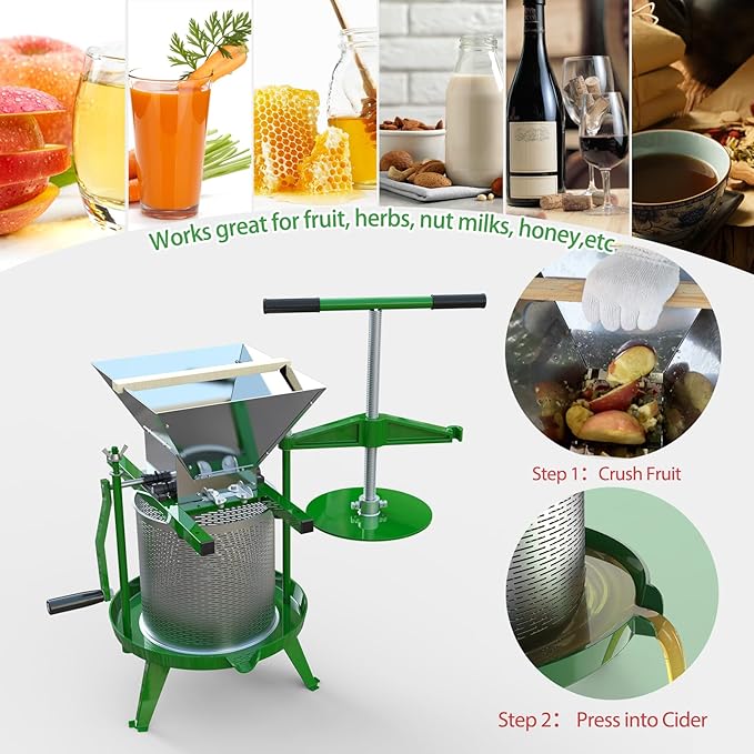 EJWOX Green Fruit Wine Press 3.69 Gal - Heavy-duty T-Handle & Cross-beam, Stainless Steel Juice Maker for Apple, Grape, Home Brewing