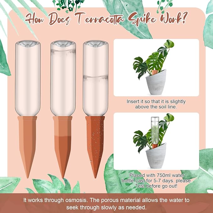 6 Sets Plant Watering Devices Include Terracotta Self Watering Spikes and 26 oz Plastic Bottles, Slow Release Vacation Insert Automatic Plant Waterer Device (Clear Green and Terracotta)
