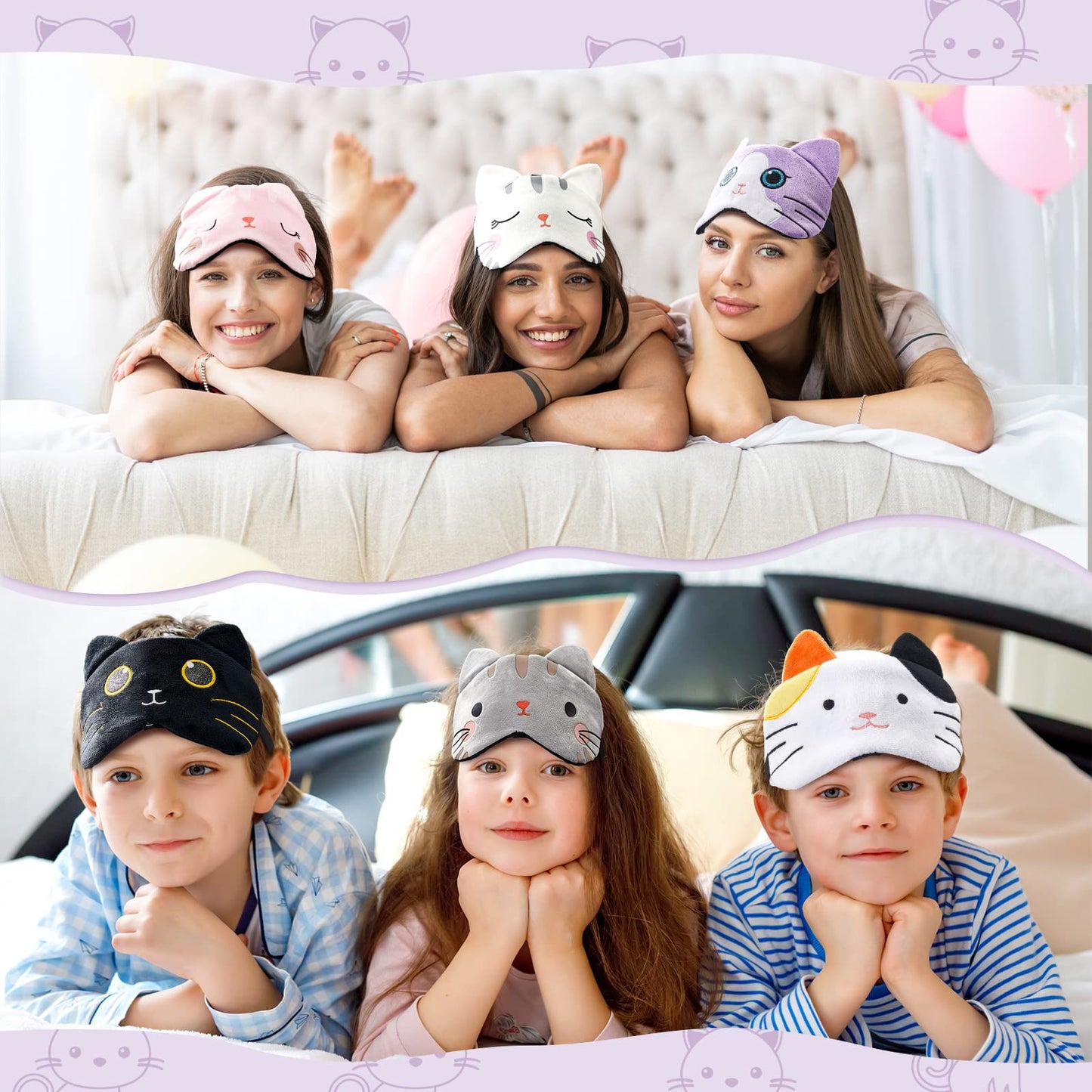 Vicenpal 6 Pcs Kids Sleep Mask Cute Cat Animal Sleeping Eye Cover Soft Lightweight Eyeshade Kawaii Sleeping Mask Funny Cat Blindfolds for Women Girls Teens Kitty Slumber Birthday Party Favors