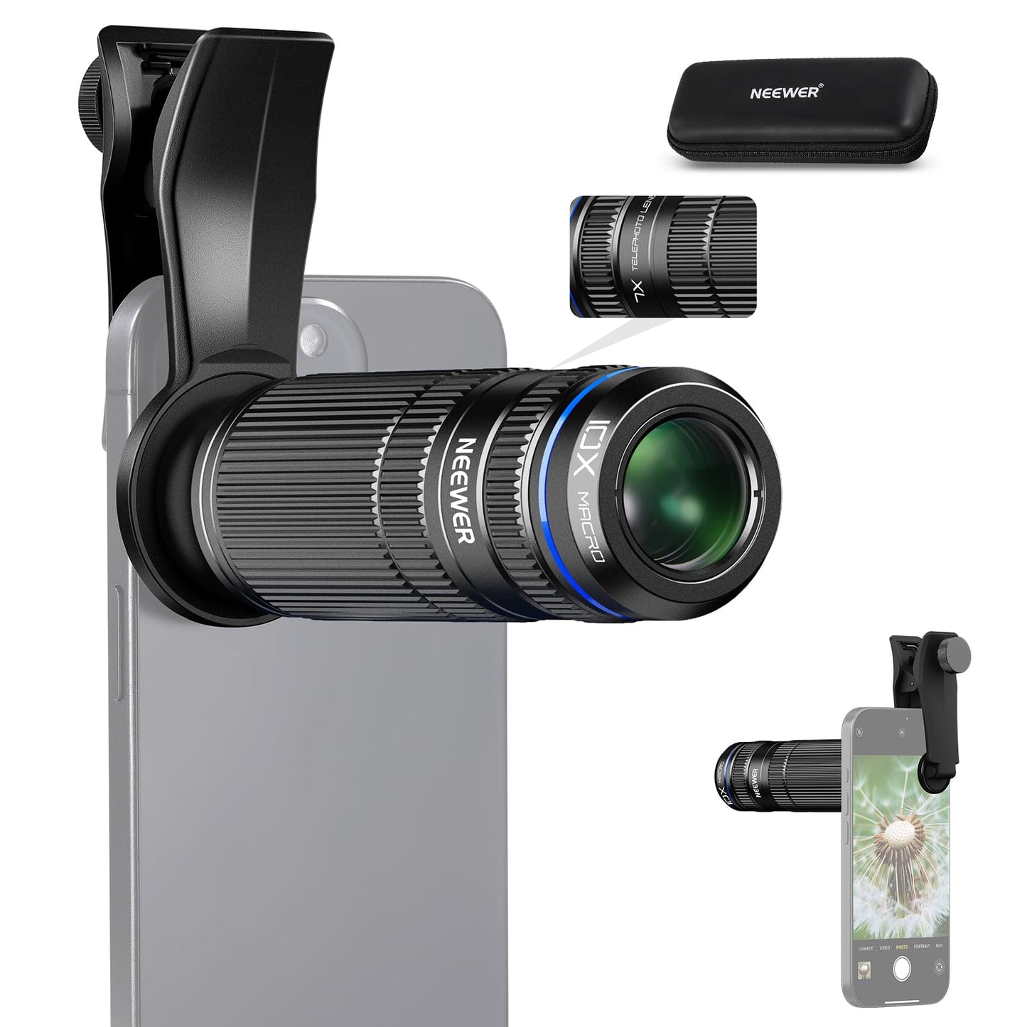 Neewer 7X Telephoto Lens With Phone Camera Lens Clip, Detachable 10X Macro For 17Mm Threaded Backplate/Phone Cage/Case Compatibl