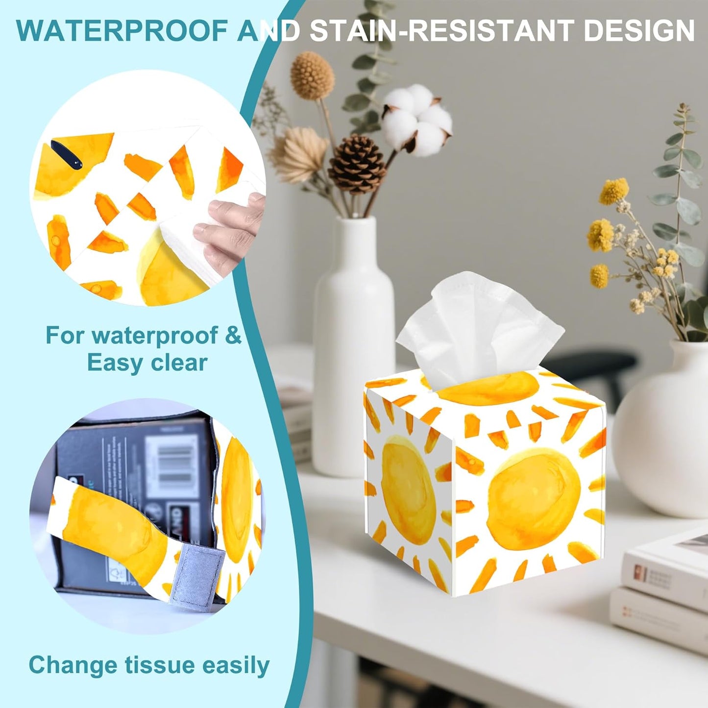 Watercolor Sun Tissue Box Cover Square,Sunlights Leather Tissue Holder,Waterproof Leather Facial Paper Organizer Tissue Box Cover for Home Office Bathroom Vanity Countertop,5.2" x 5.2" x 5.2"