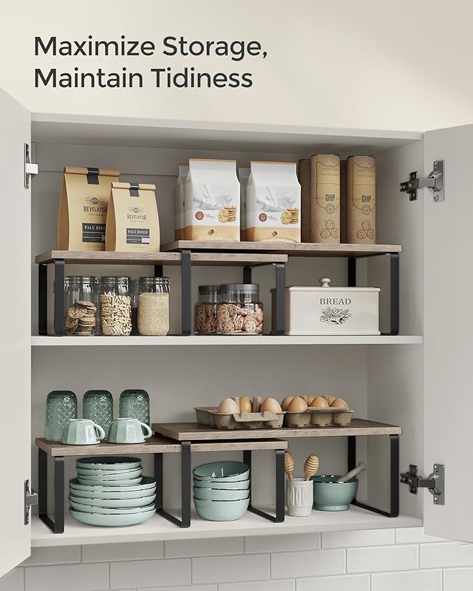 SONGMICS Cabinet Organizer Shelf, Set of 2 Kitchen Counter Shelves, Kitchen Storage, Spice Rack, Stackable, Expandable, Metal and Engineered Wood, Ink Black and Heather Greige UKCS200X02