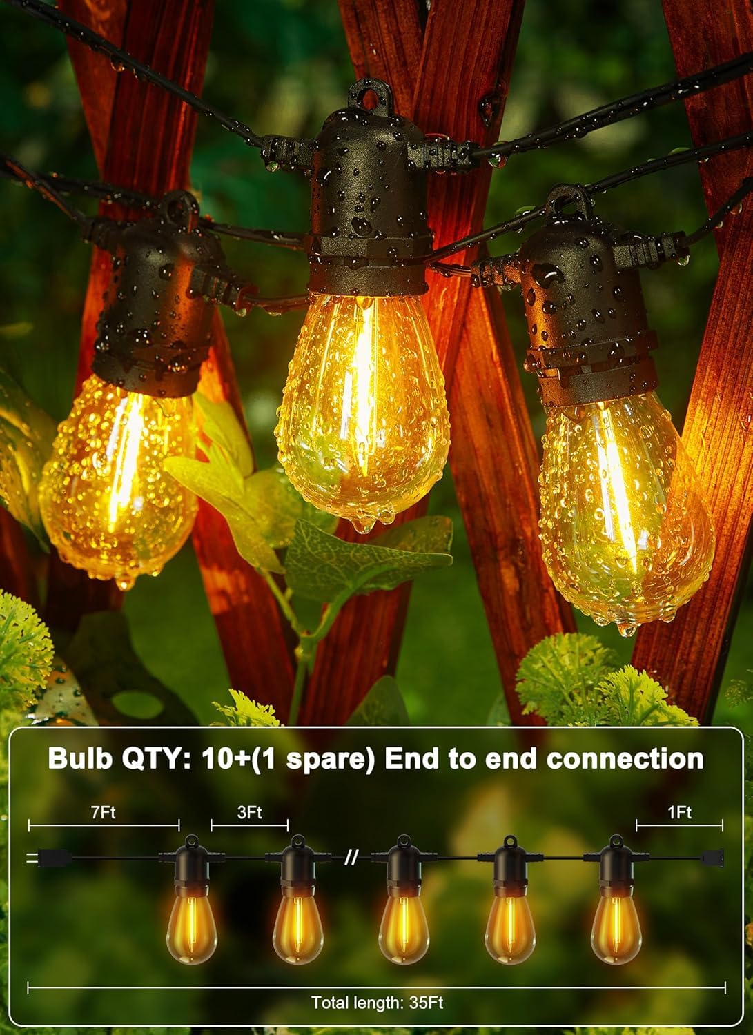 Brightown Outdoor String Lights 35FT, 10+1 Shatterproof Edison Bulbs, Waterproof, Jet Black, Model GY-I-100.6-U-S2