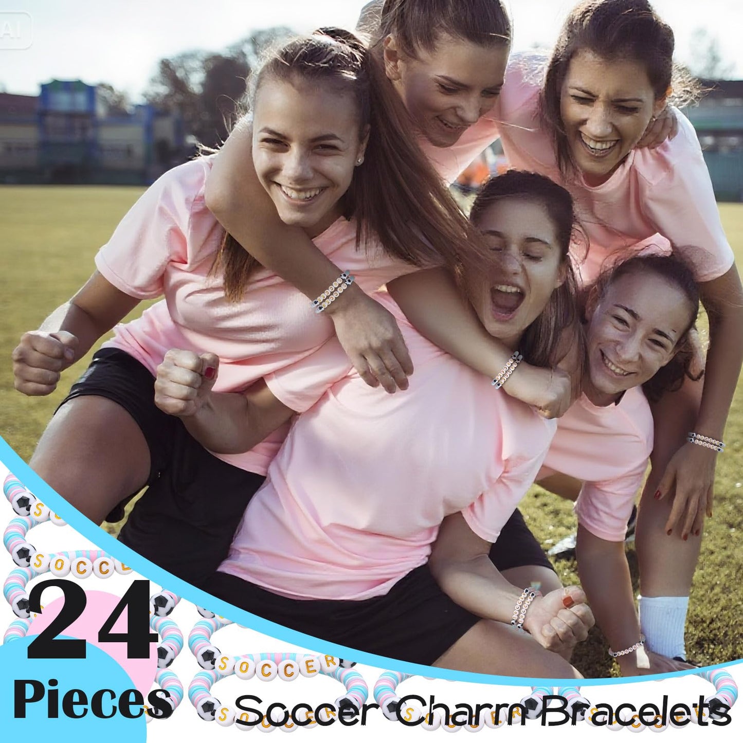 Trnayi 24 Pcs Soccer Bracelets Stackable Clay Beaded Bracelets Soccer Party Favors Beaded Ball Adjustable Clay Bracelet Jewelry