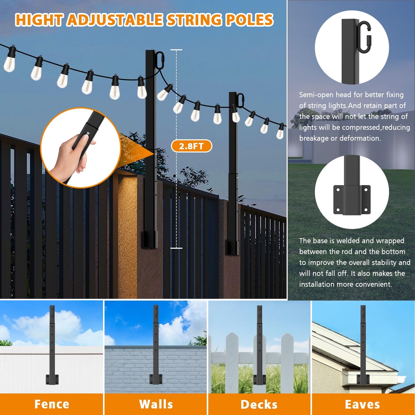 Beizelte String Light Poles, 2.8FT Metal Stand for Outdoor Use, Black, 4 Pack, Model SLP-Beizelte