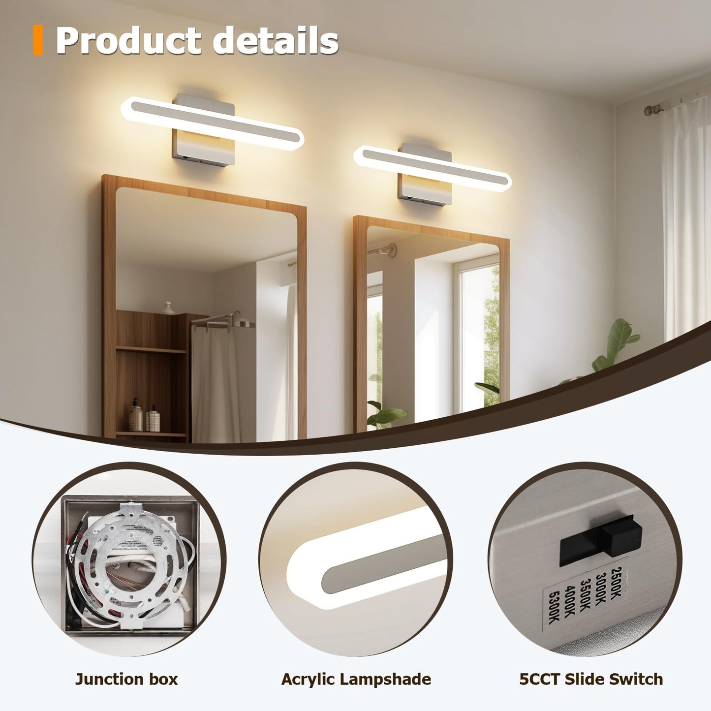 Joosenhouse 15.7 Inch Brushed Nickel Vanity Light For Bathroom - 5Cct Dimmable Led Light Bar  16W Hardwired Mirror Light  Adjustable Brightness  Modern Bathroom Lighting