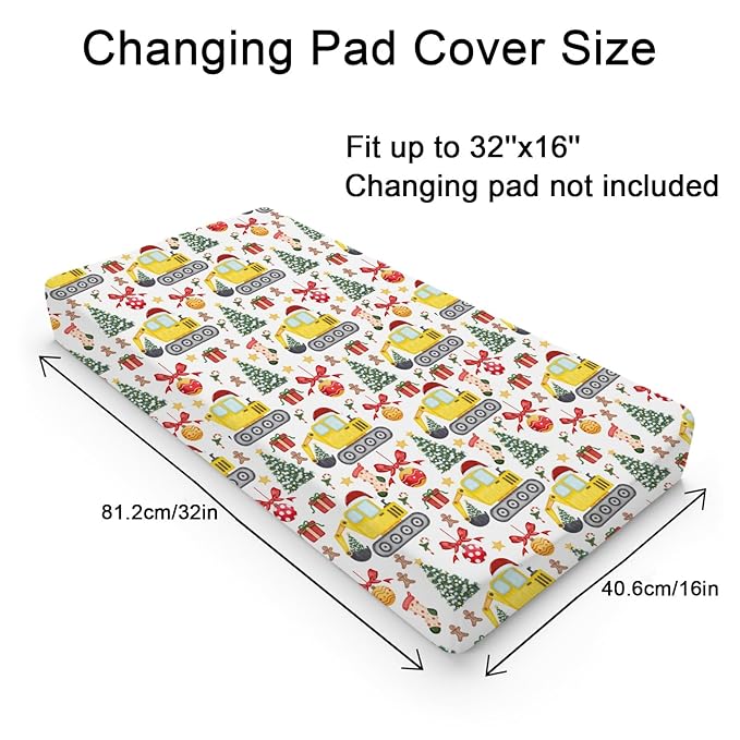 Christmas Truck Excavator Tractor Changing Pad Cover Construction Trucks Fitted Baby Change Table Sheets for Boys Girls Soft Winter Xmas Gift Stretch Fitted Changing Table Mats Cover 32''x16''