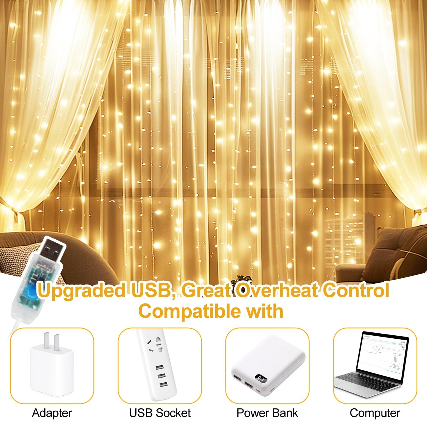 Holits 2 Pack Fairy Curtain Lights Upgraded Tangle-Free Warm White Usb Plug In 8 Modes String Hanging Lights With Remote For Christmas  Bedroom  Indoor  Outdoor  Weddings  Party (10 Ftx10 Ft)