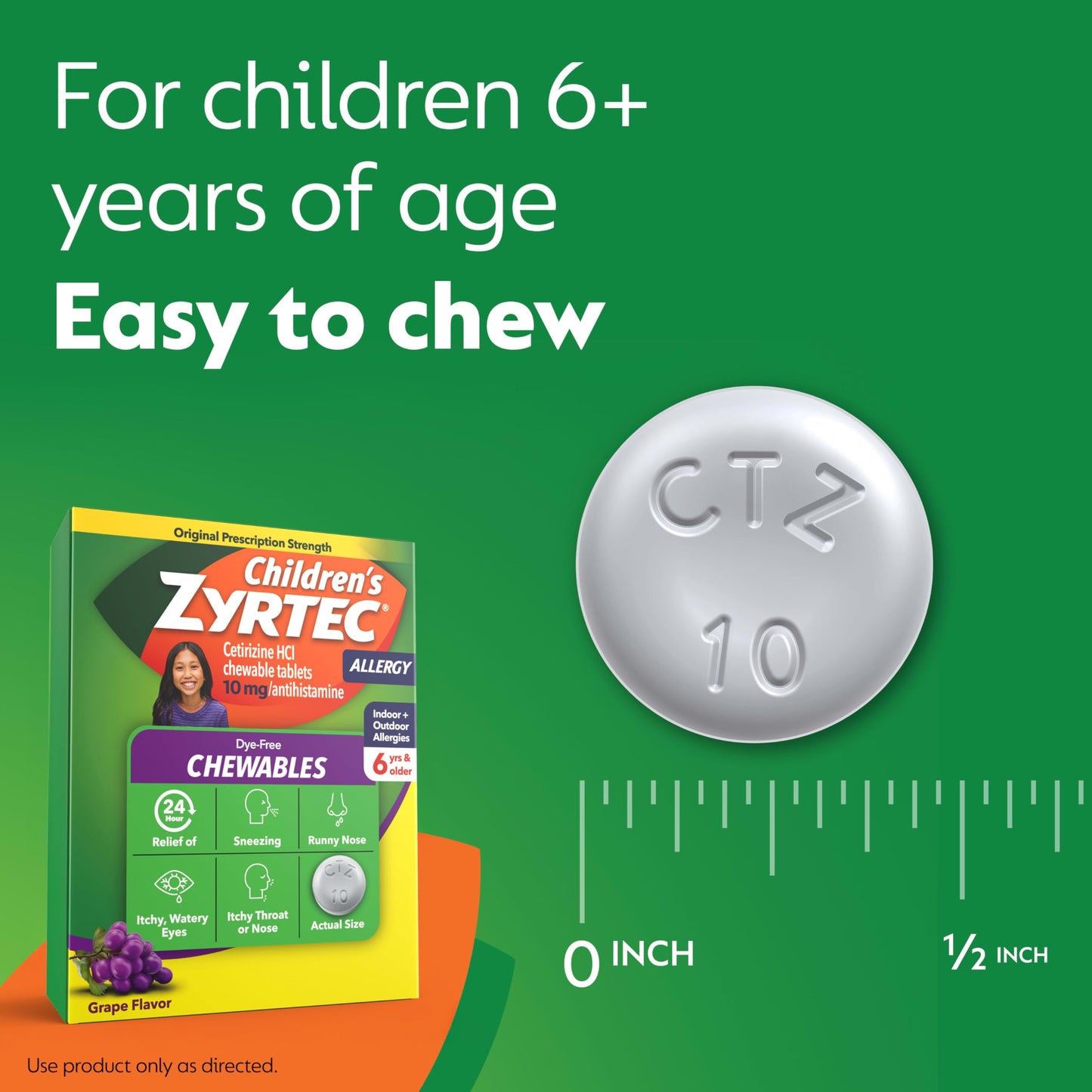 Zyrtec Children's Dye-Free Chewables for 24 Hour Allergy Relief, 10 mg Cetirizine Hydrochloride Antihistamine Tablets, Kids Allergy Medicine Relieves Sneezing & Itchy Throat, Grape, 48 ct