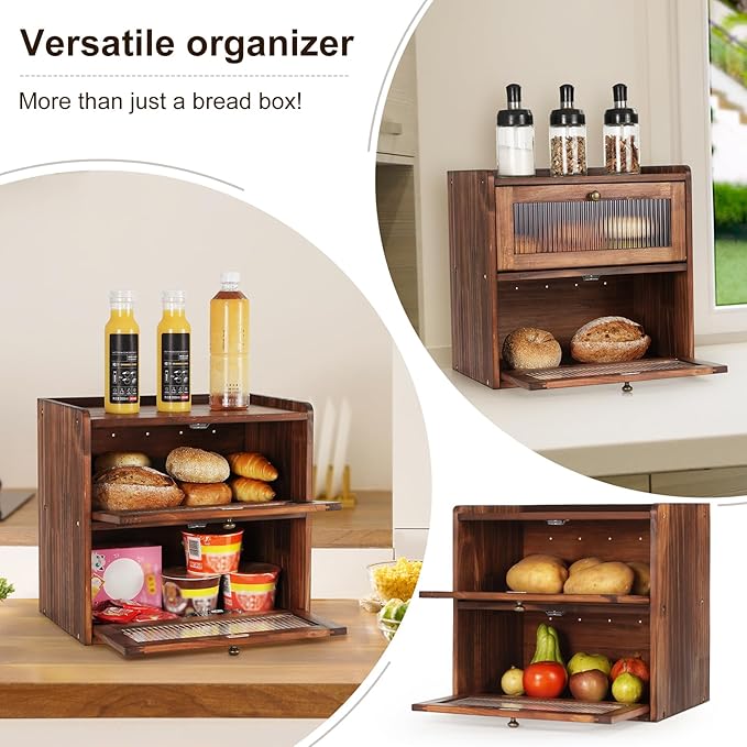 Ciilee Baby Bread Box for Kitchen Countertop Wooden Double Layer Storage Container Bread Bin Large Capacity Vintage Bread Keeper Farmhouse Breadbox Pantry Organizer Versatile Food Cabinet(Brown)