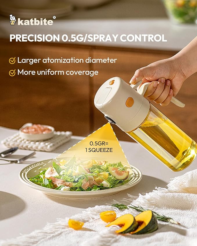katbite 2 in 1 Oil Sprayer & Pour for Cooking, 18.6 oz(550ml) Glass Olive Oil Dispenser Bottle, One-Touch Open Lid, Non-Drip Leak-Proof Design, Fine Mist(0.5g/Spray) for Air Fryer, Salad, Cream White