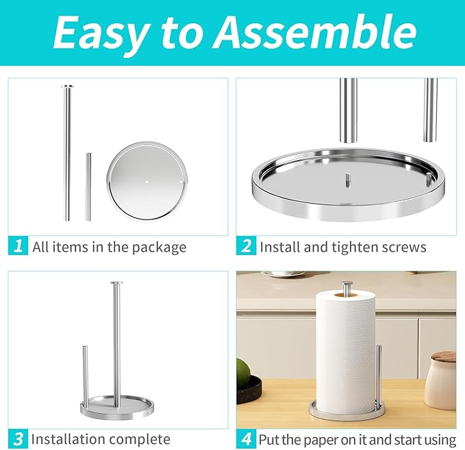 Paper Towel Holder Countertop, Standing Paper Roll Holder with Anti Slip Weighted Base, Stainless Steel Freestanding Paper Towel Holder for Kitchen, Chrome