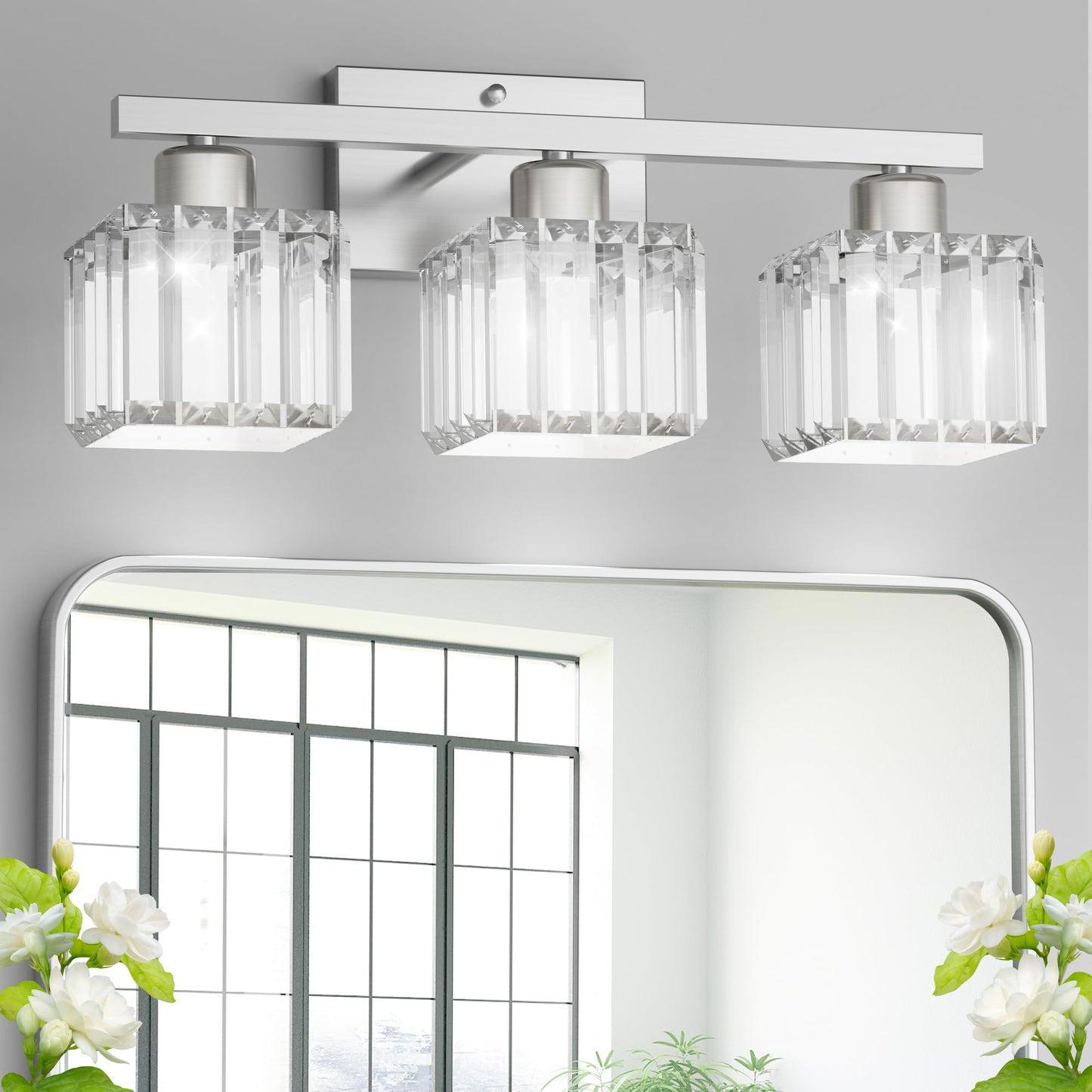 Golspark 3 Light Crystal Bathroom Vanity Light Fixtures Over Mirror  Brushed Nickel Modern Vanity Lighting Fixtures  Wall Sconce Bath Wall Light  E26 Base Square Crystal Shades (Exclude Bulb)
