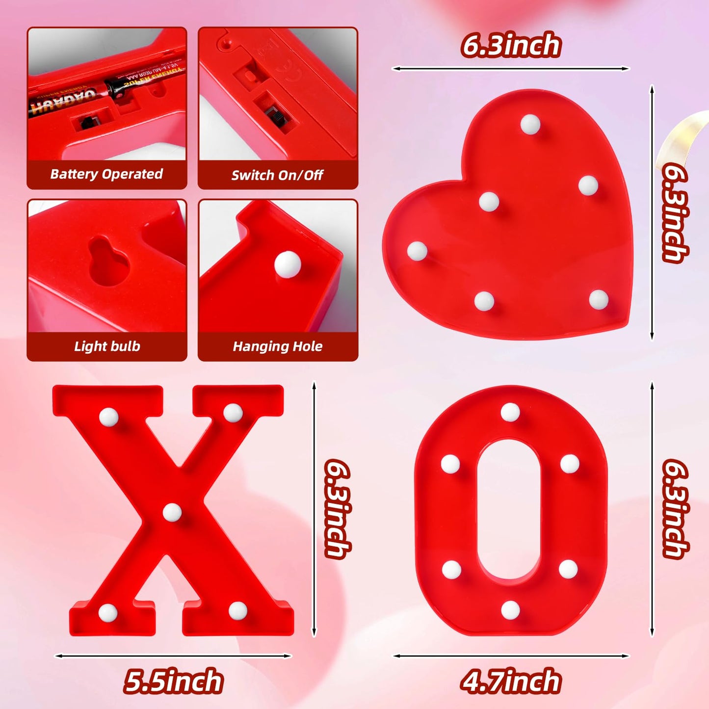 Edycon ValentineS Day Letter Lights Sign Table Decorations Led Light Up Letters Battery Powered Letter For Home Party Bedroom Tabletop Fireplace Indoor Decor(Xoxo Heart)