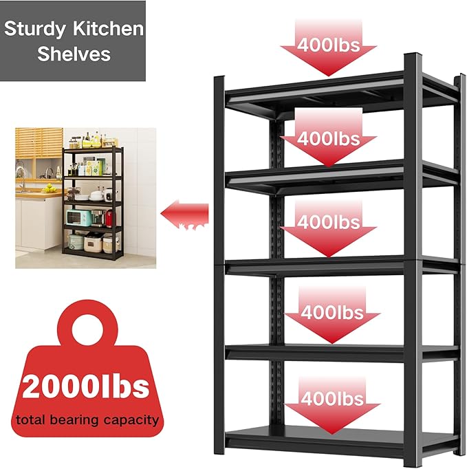 Kitchen Storage Shelves, Heavy Duty Shelving Unit, 5-Tier Adjustable Pantry Shelf, Food and Beverage Storage Shelves, Durable Metal Shelving, Appliance Storage, 59.1" H, Black