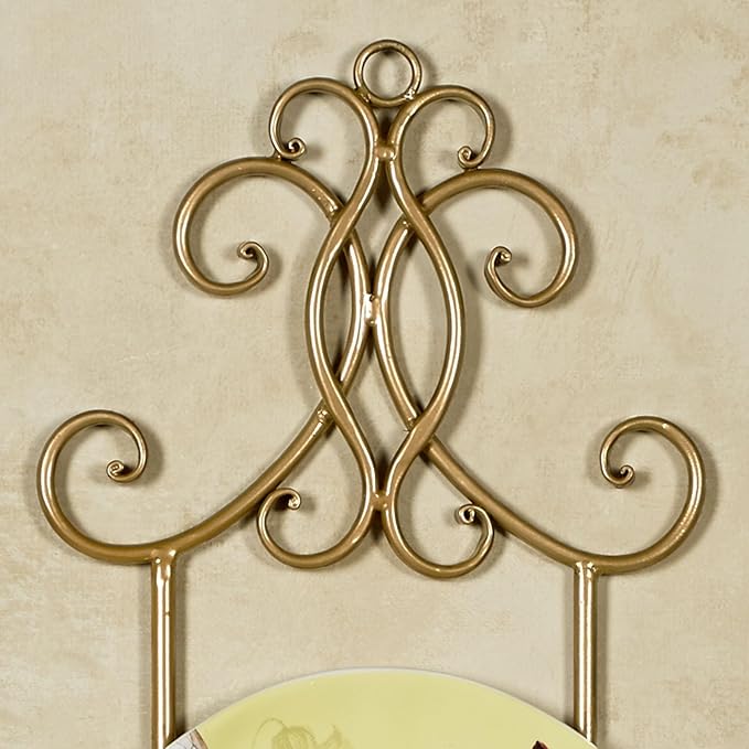Kanya Gold Four Plate Wall Mount Rack | Four Plate Holder | Plate Display Easel Decor | Openwork Scrolls | Traditional Classic Metal Plate Racks | Square or Round Plates | Kitchen | Dining Room