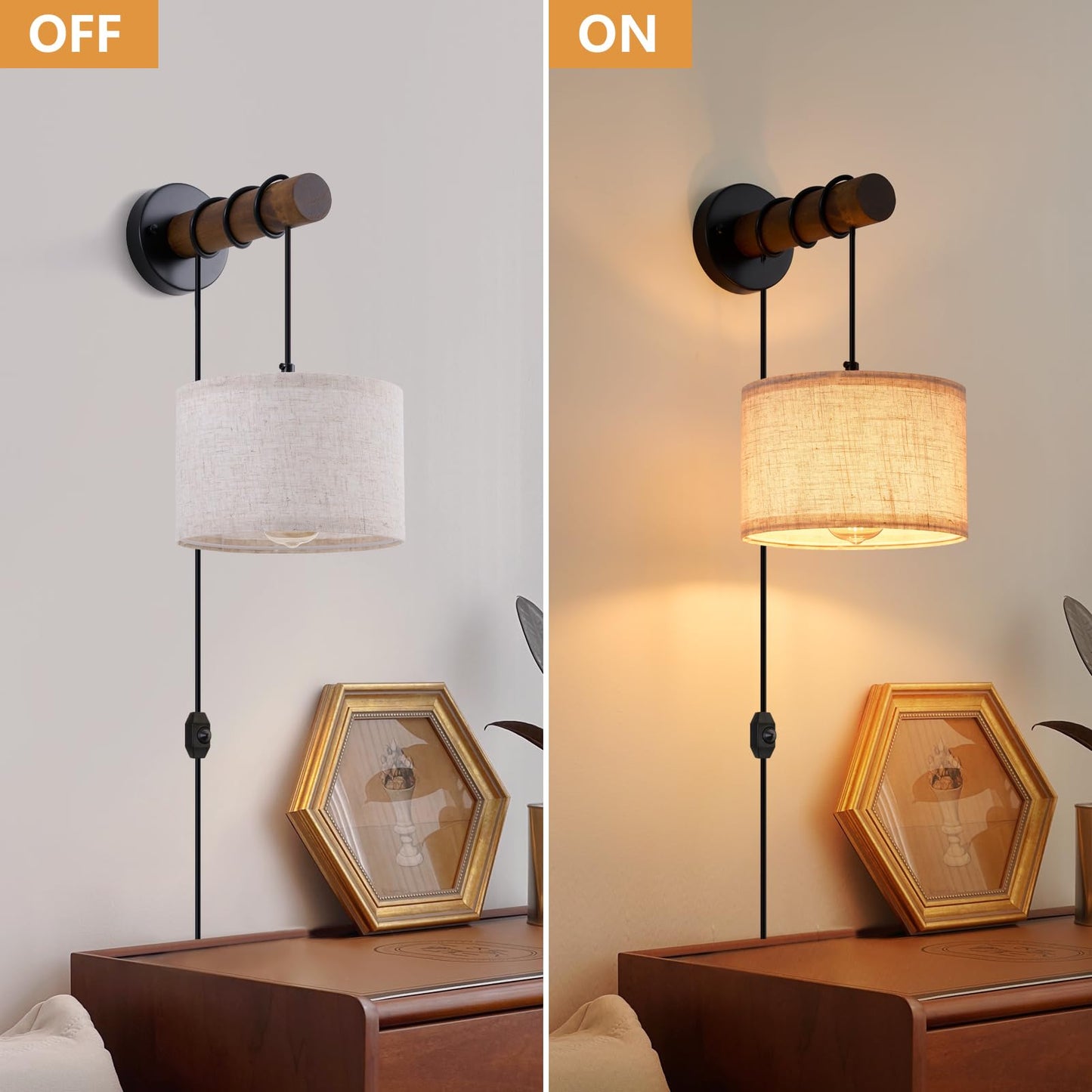 Xsdetu Plug In Wall Sconces Set Of 2  Farmhouse Wall Lamp With 5.9Ft Plug In Cord  Dimmable Hanging Wall Lighting With Fabric Shade  Adjustable Wall Mount Lights For Bedroom Living Room  Wooden Arm