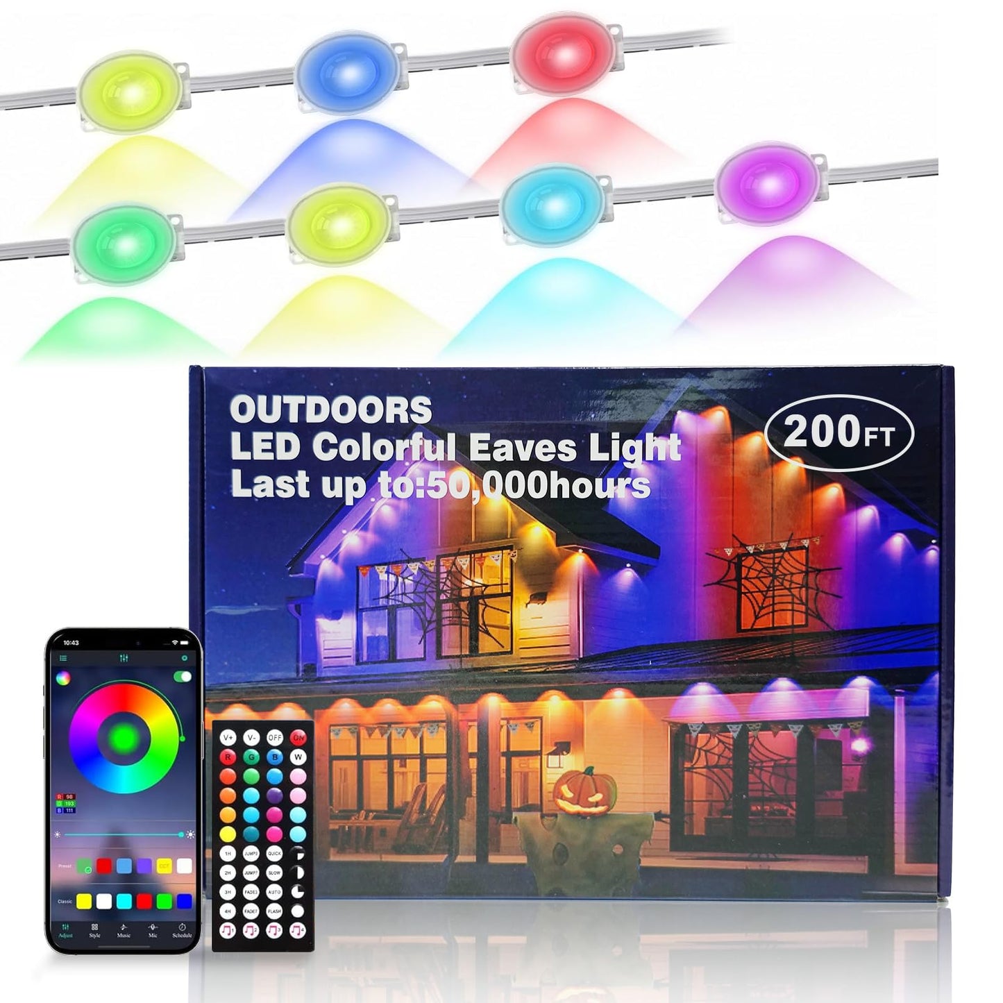 JZVGEN RGB Outdoor Permanent Lights, 200FT, IP67 Waterproof, 100 LED, Multicolor, Model WWST-060A, App/Remote Control