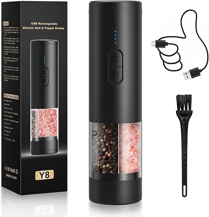 Electric Salt and Pepper Grinder Shakers 2 IN 1-Rechargeable Automatic Pepper Mill,with LED Lighting,Adjustable Grinder,Large Capacity-Ideal for Kitchen (Black)
