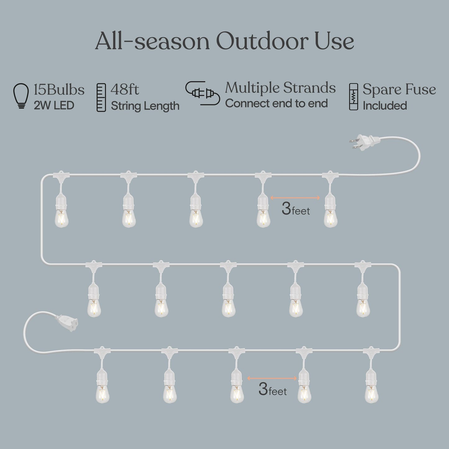 Brightech Ambience Pro LED Outdoor String Lights, Dimmable Vintage Edison Bulbs, 48 Ft, 15 Bulbs, White Cable, Model AMB-2W-WHT
