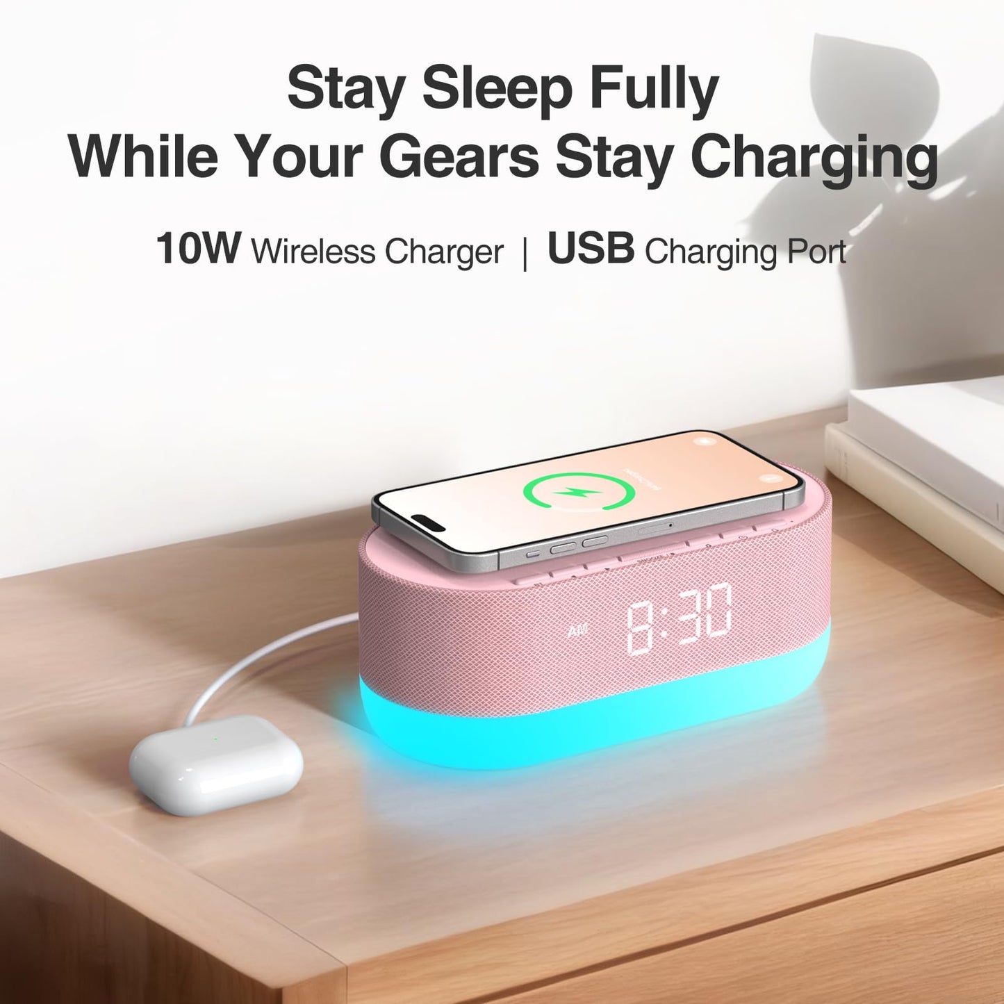 HOUSBAY Sound Machine with Alarm Clock for Bedrooms, Dual Speakers, 21 HiFi Sounds, 10W Wireless Charger, Unlimited Sound, Bluetooth, 10 Night Light, White Noise Machine for Sleeping, Pink