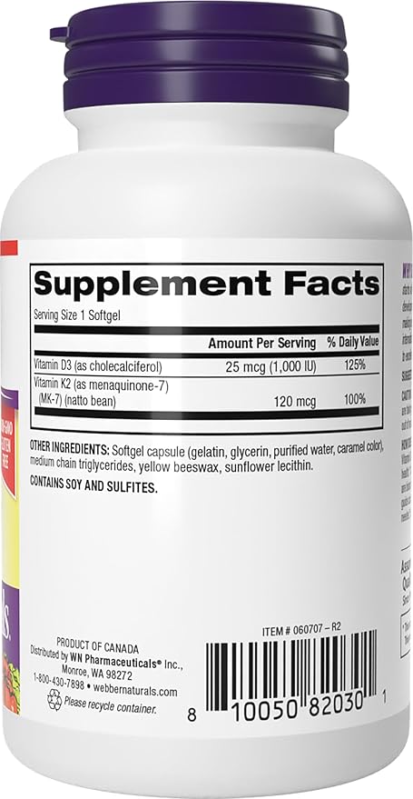 Webber Naturals Vitamin K2 MK-7 (120 mcg) with Vitamin D3 (1,000 IU), 90 Softgels, Supports Bones, Teeth, and Cardiovascular System, Vitamin Supplement, Gluten Free and Non-GMO