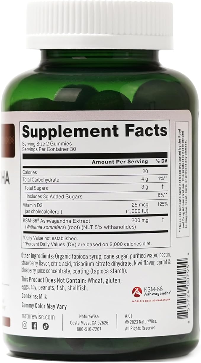 NatureWise Ashwagandha Gummies - Strawberry Kiwi - KSM-66 with Vitamin D3 - Calming Mood Support - Vegetarian - Non-GMO, Gelatin and Gluten Free - 60 Count[1-Month Supply]
