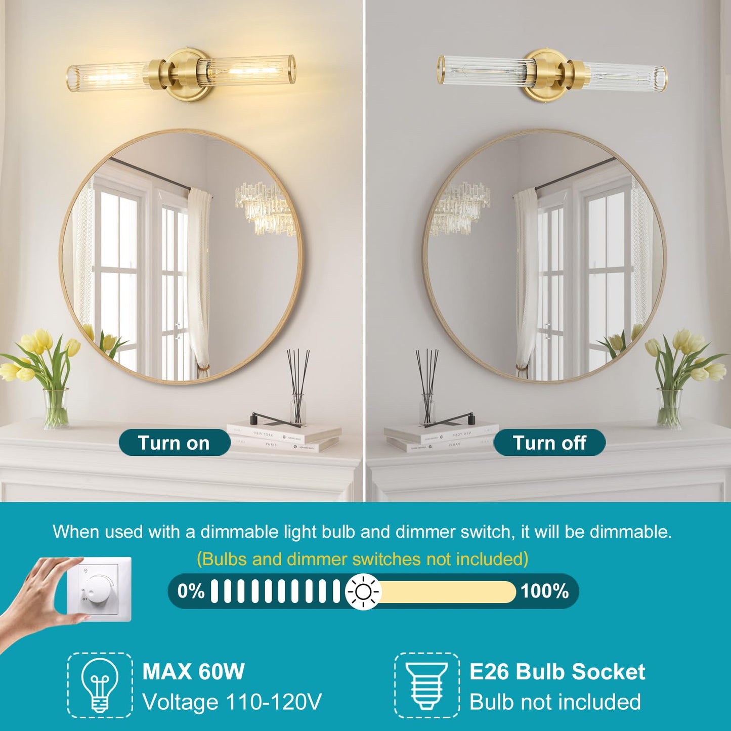 Vaziden Bathroom Light Fixtures  Gold Wall Sconce In Threaded Glass Vanity Lights 2 Pack  Modern Bathroom Vanity Light Up And Down Sconces Wall Lighting For Bathroom  Living Room - Bulb Not Included