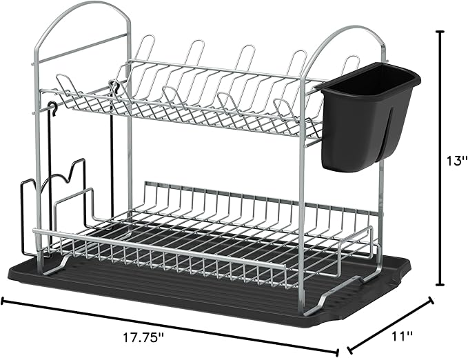 Simple Houseware 2-Tier Dish Rack with Drainboard, Silver