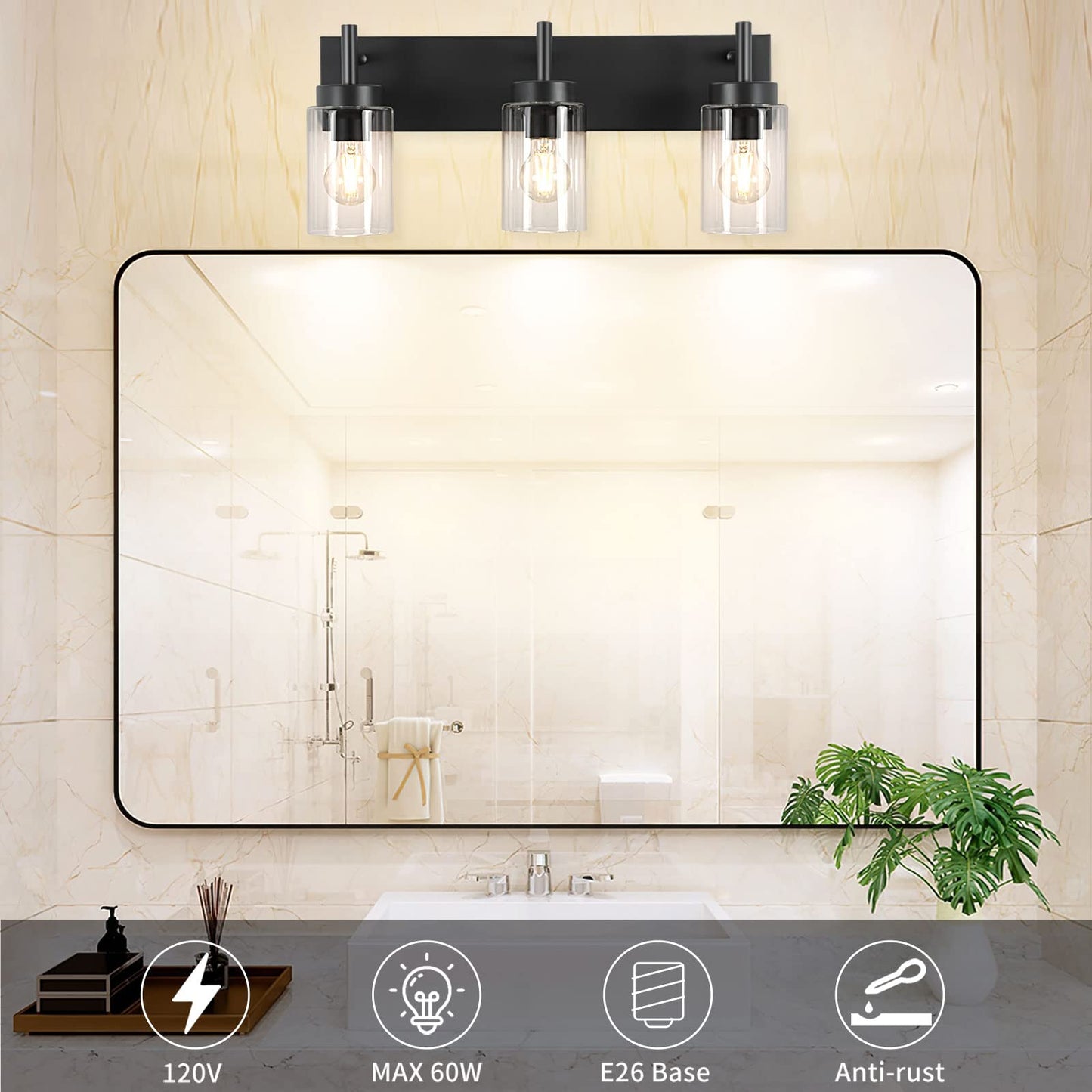 Dinglilighting Vintage 3-Light Wall Sconce, Black Metal Bathroom Vanity Light With Clear Glass Shades, Model Ws-Fnw2-60B