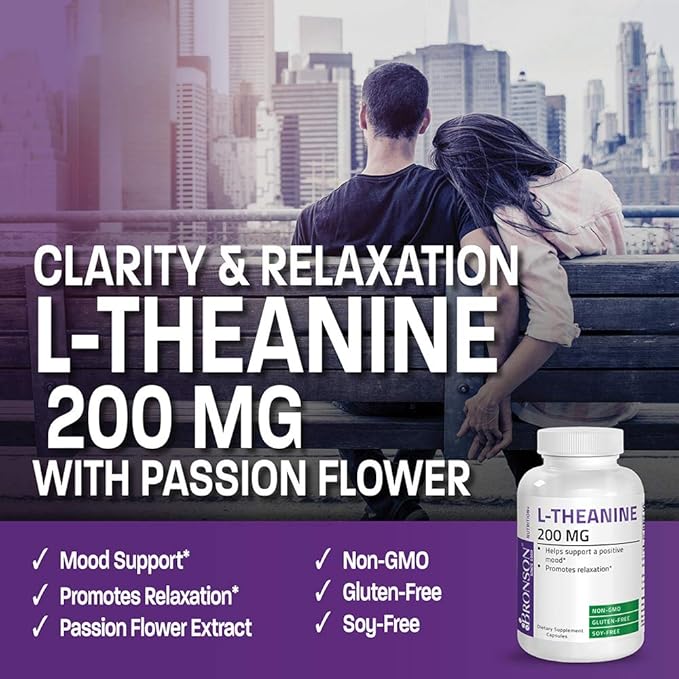 Bronson L-Theanine 200mg (Double-Strength) with Passion Flower Herb, Non-GMO Gluten-Free Soy-Free Stress Management Supplement, 120 Capsules