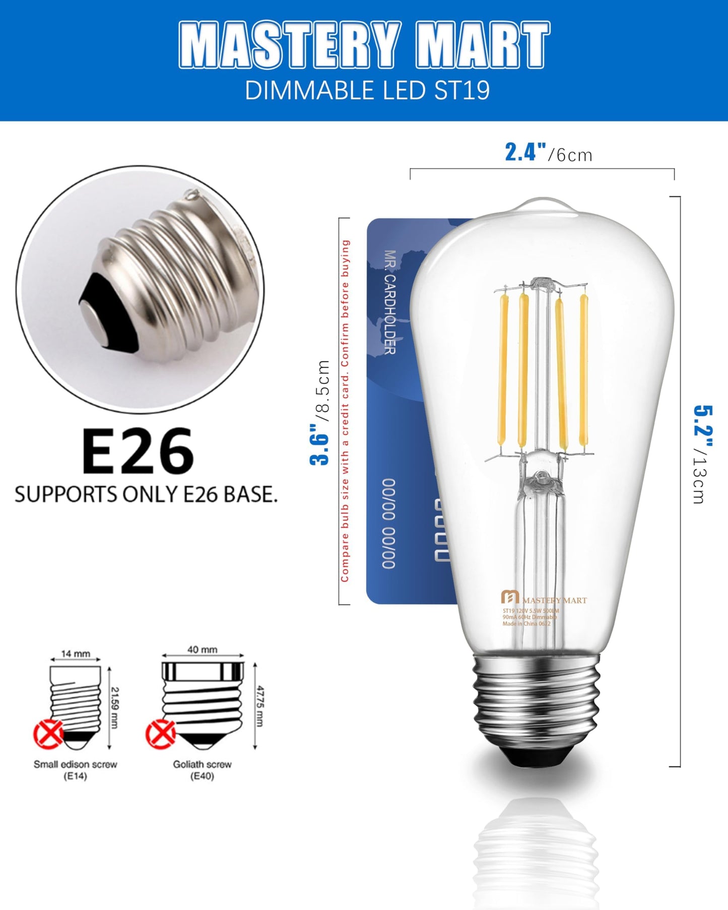 MASTERY MART Dimmable Vintage E26 LED Light Bulb 5000K Daylight White Glass ST21 Antique Edison Style 10 Pack