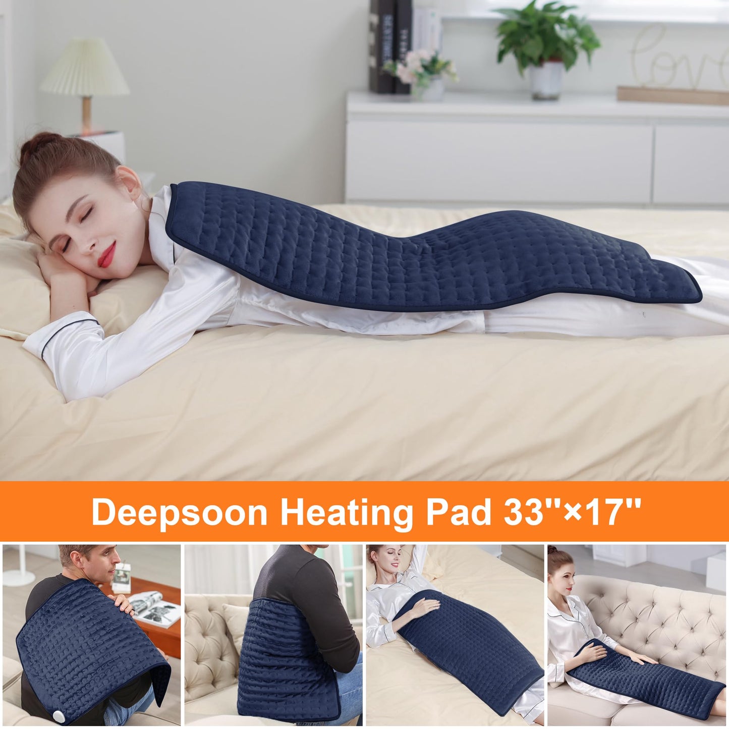 Deepsoon Heating Pad,Electric Heating Pads for Back,Neck,Abdomen,Moist Heating Pad for Shoulder,Knee,Arms,Legs,Dry/Moist Heat & Auto Shut Off,Christmas Gifts for Men and Women,Navy Blue,33x17 Inch