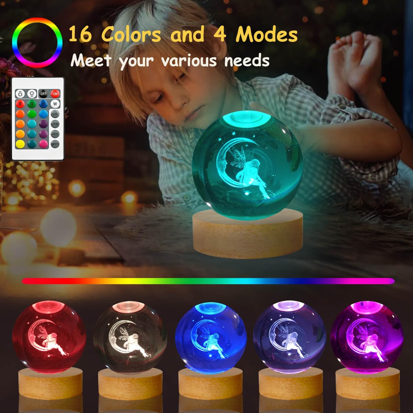 LINSINA 3D Moon Lamp, 3.15in Crystal Ball Night Light, 16 Colors with Wooden Base & Remote Control, Moon-elf Variant