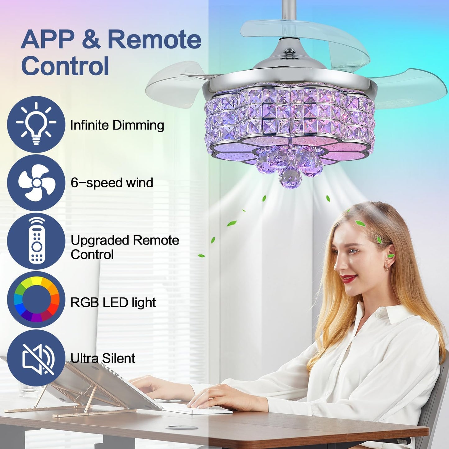 Zynfandor 30 Rgb Crystal Retractable Ceiling Fan With Light Dimmable Led Chandelier, Remote & App Control, 6-Speed Timer, Memory