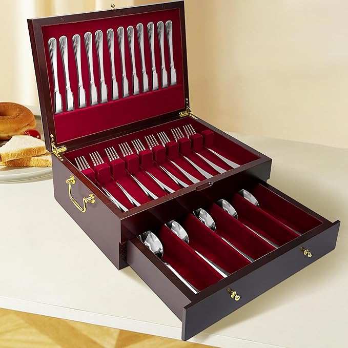 Silverware Storage Box Solid Wood with Lid, 2 Layer Silverware Storage Chest, 15.5'' ×11.5'' Silverware Organizer with Handle and Felt Lined, Chest for Flatware Setting Up 30
