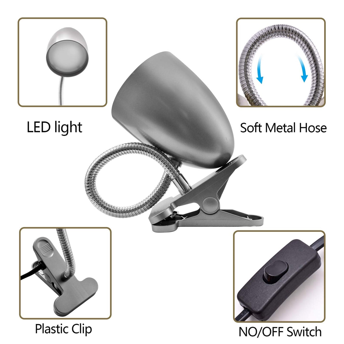 Energetic Lighting Desk Lamp, 3.5W 240 LM Gooseneck Clip Light, 4000K Cool White, Silver, Model MTSL1001BYS